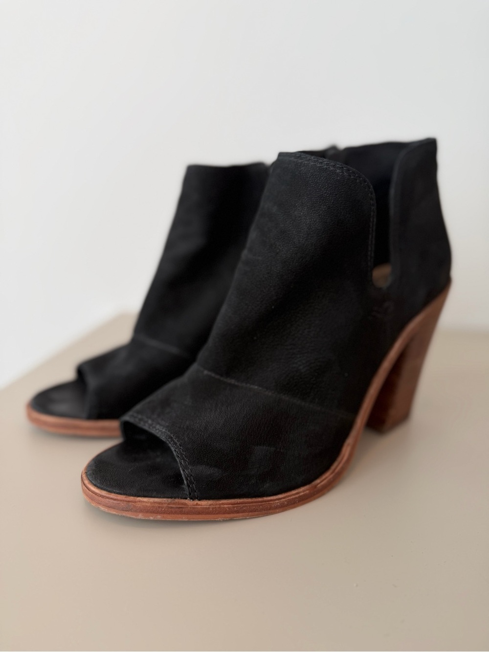 Vince Camuto Black Suede Open-Toe Block Heel Booties